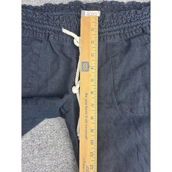Roxy Oceanside Pants Womens Medium Navy Linen Blend Drawstring Beach Flare Leg - Picture 4 of 9